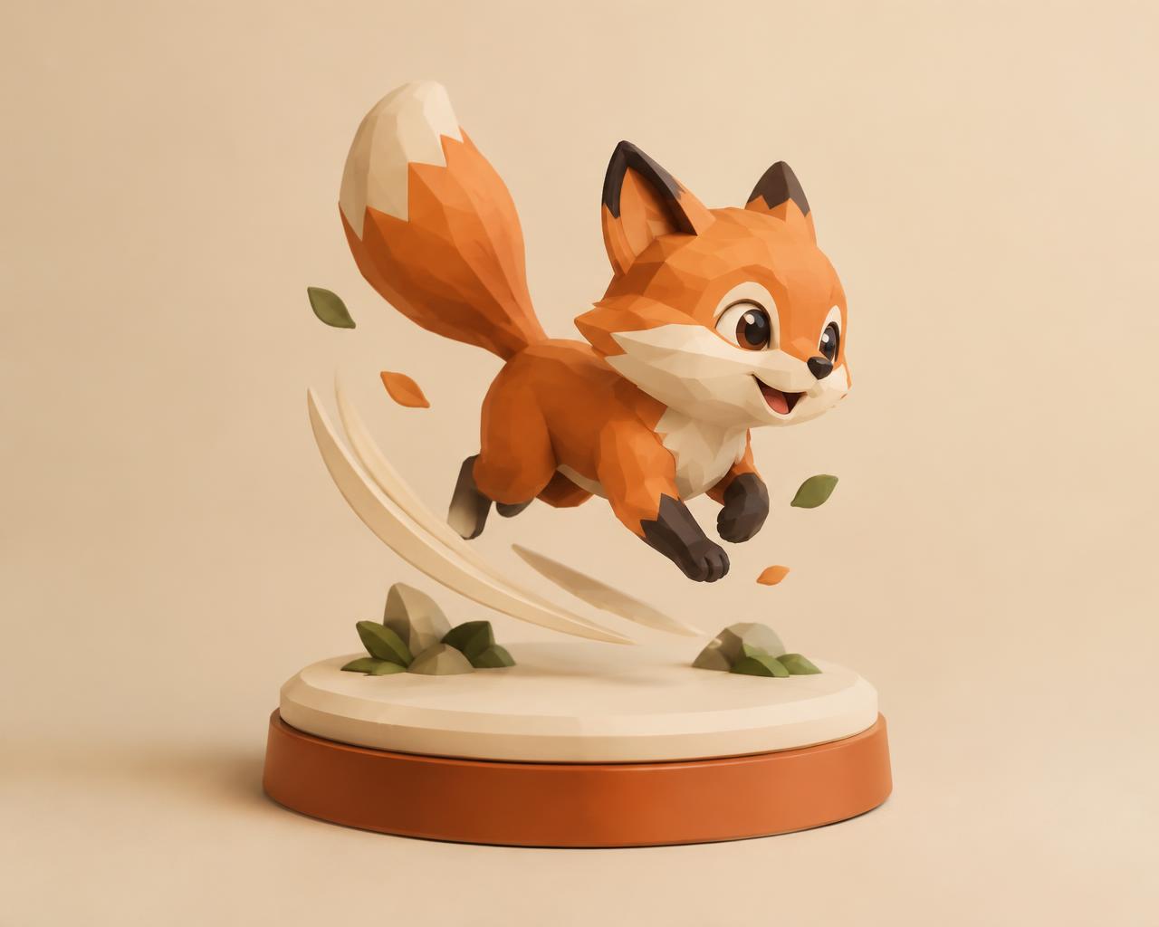 Low-poly fox mid-jump on a turntable